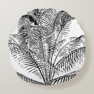 Palm Tree Leaves Black & White Abstract Pattern  Round Cushion