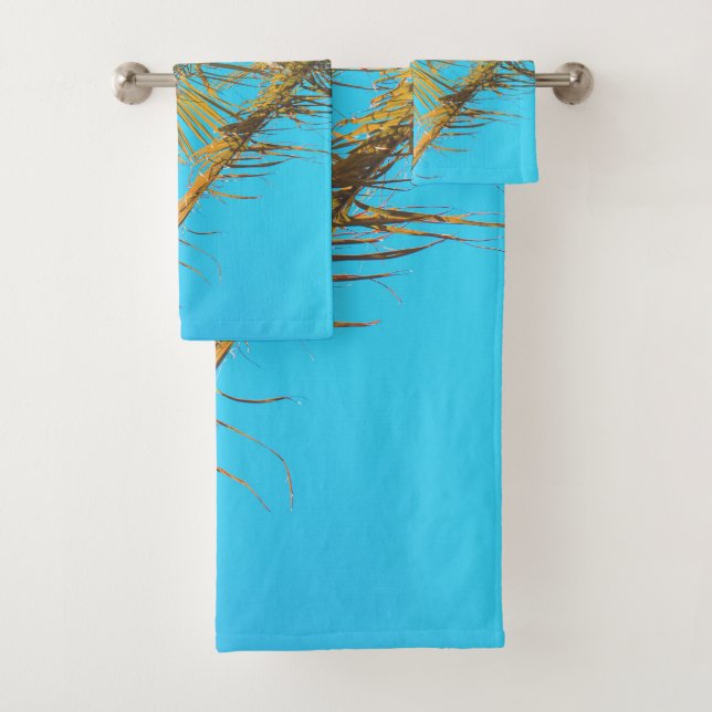 Palm Tree Leaves Turquoise Sky Bath Towel Set (Insitu)