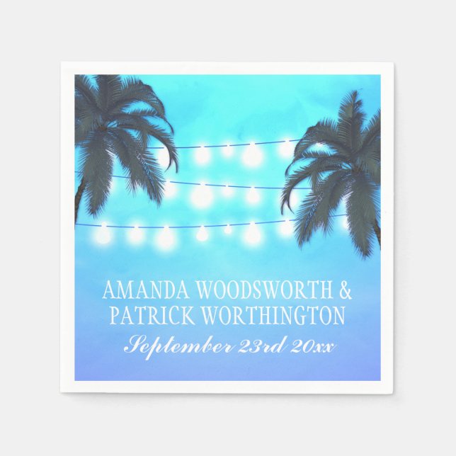 Palm Tree Lights Watercolor Sky Wedding Napkins (Front)