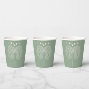 Palm tree line drawing white green moon phases paper cups