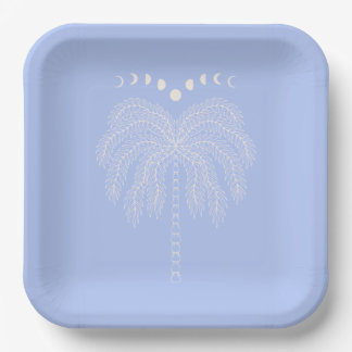 Palm tree line drawing white lilac moon phases  pa paper plate