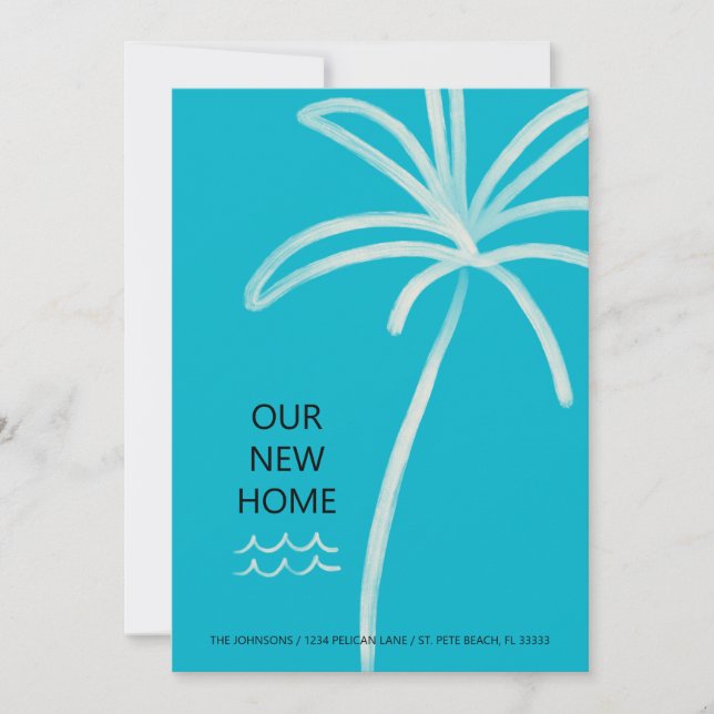 Palm Tree Minimalist Aqua New Home Moving Announcement (Front)