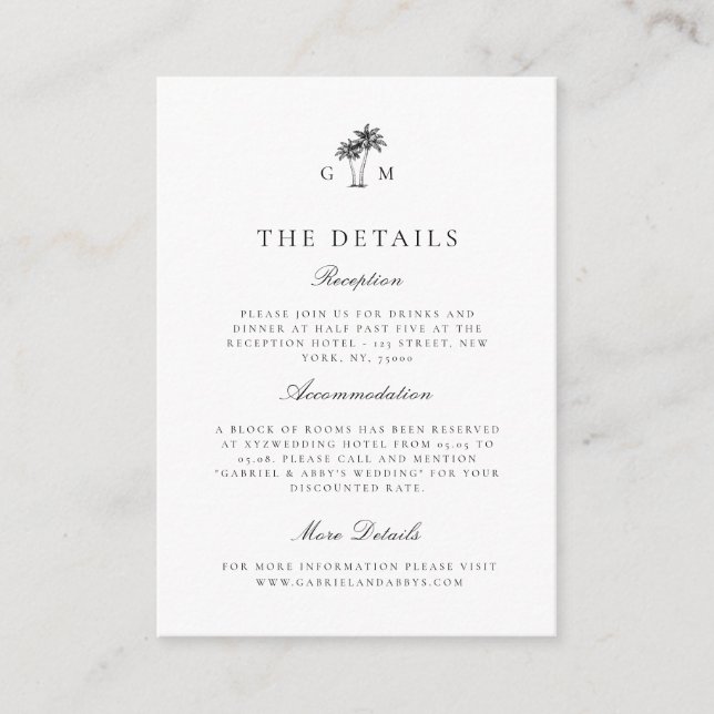 Palm Tree Monogram Details Destination Wedding Enclosure Card (Front)