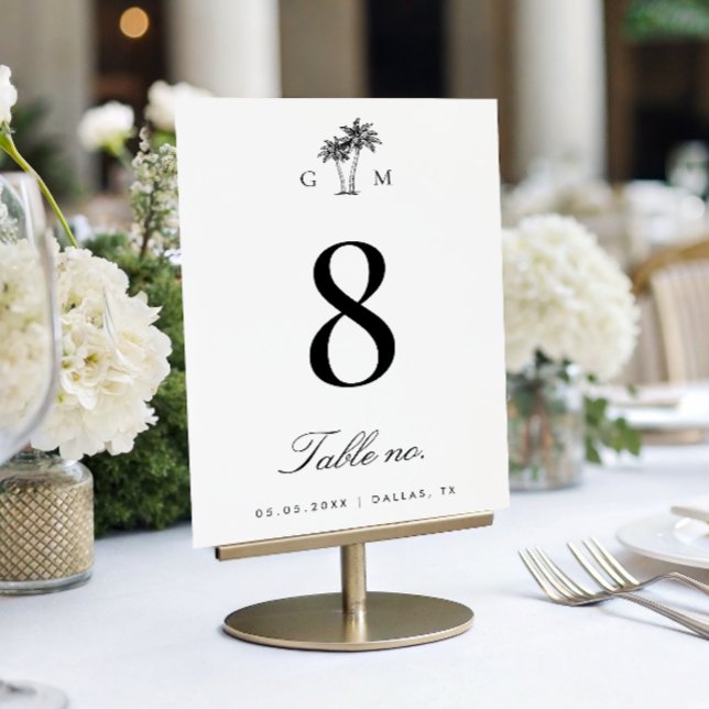 Palm Tree Monogram Elegant Beach Wedding Table Number (Creator Uploaded)