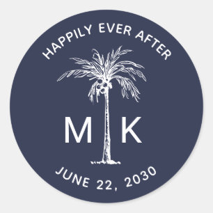 Palm Tree Monogram Navy Blue Tropical Wedding Classic Round Sticker