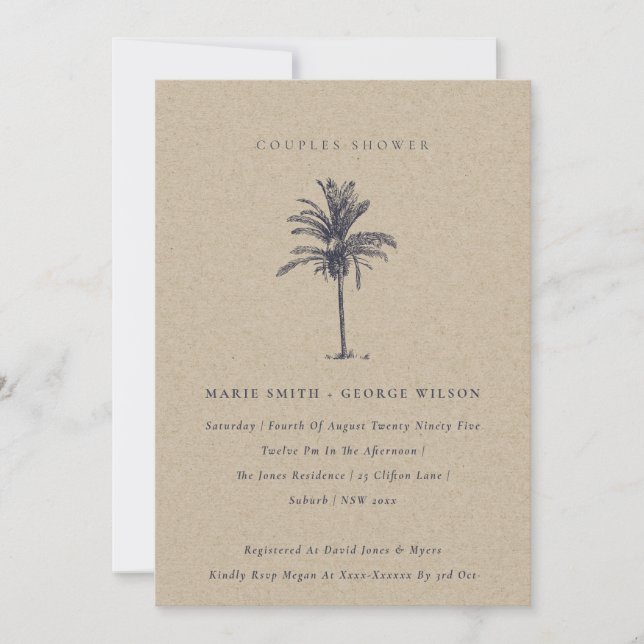 Palm Tree Navy Kraft Couples Shower Invite (Front)