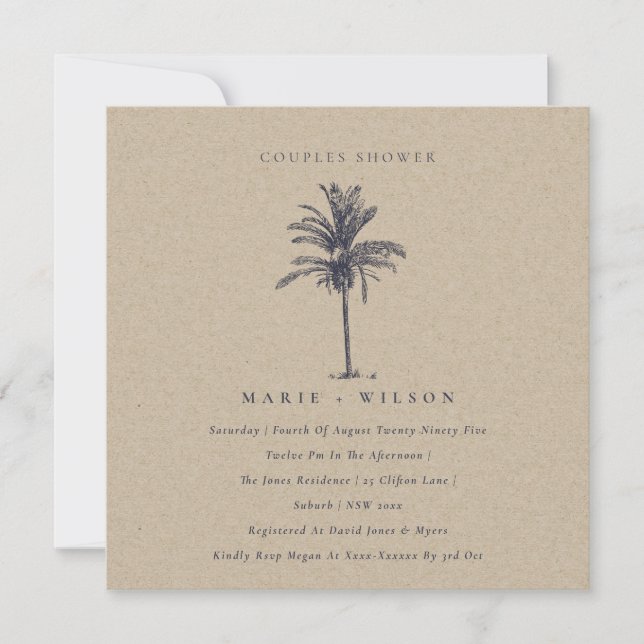 Palm Tree Navy Kraft Couples Shower Invite (Front)