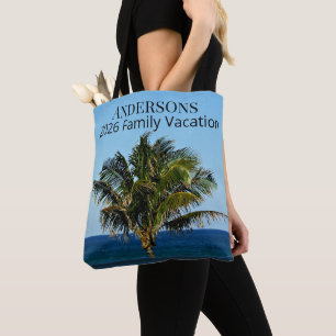 Palm Tree & Ocean Photo   Family Name + Year Tote Bag