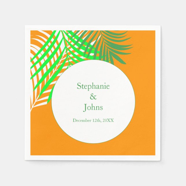 Palm Tree Orange Green Art Leaves Wedding Napkin (Front)