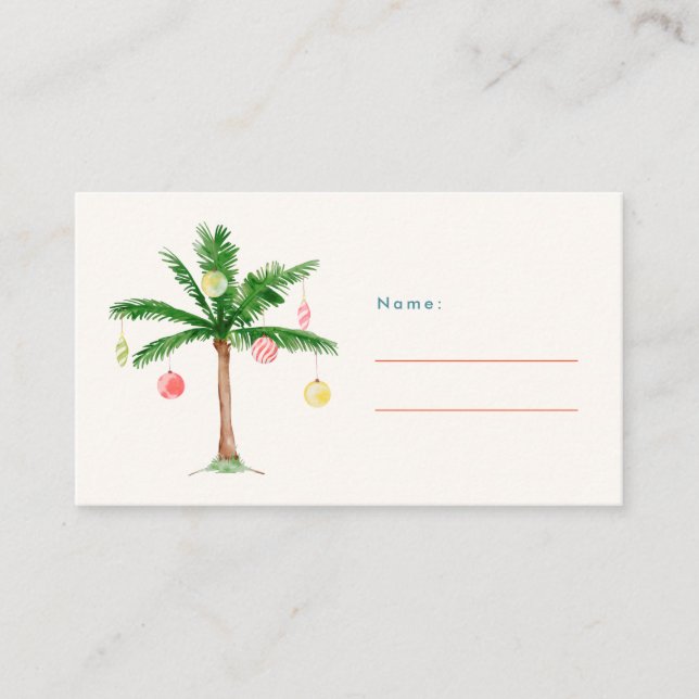 Palm Tree Ornaments Christmas in July Party Name  Place Card (Front)