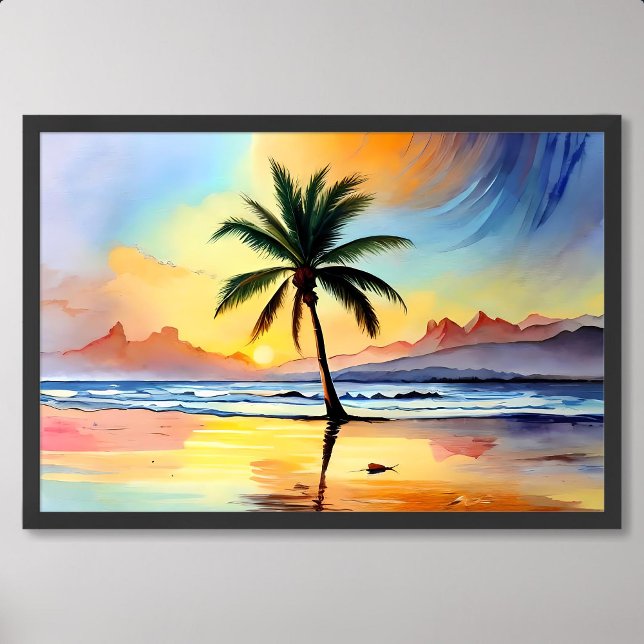Palm Tree Painting Gracing the Beach at Sunset Poster (Palm Tree Painting Gracing the Beach at Sunset)
