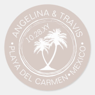 Palm Tree Passport Stamp Beach Wedding Date Classic Round Sticker