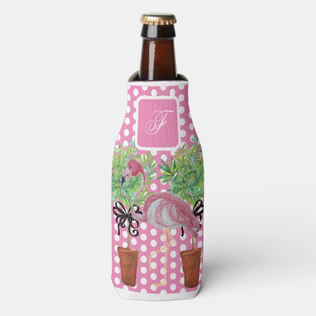 Palm Tree Pink Flamingo Flamingos Can  Bottle Cool Cooler (Bottle Front)