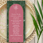Palm Tree Pink & Green Beach Wedding Menu<br><div class="desc">White palm leaves line drawing pattern over green background.  White text and palm tree drawing over pink arch background outlined in golden yellow.</div>
