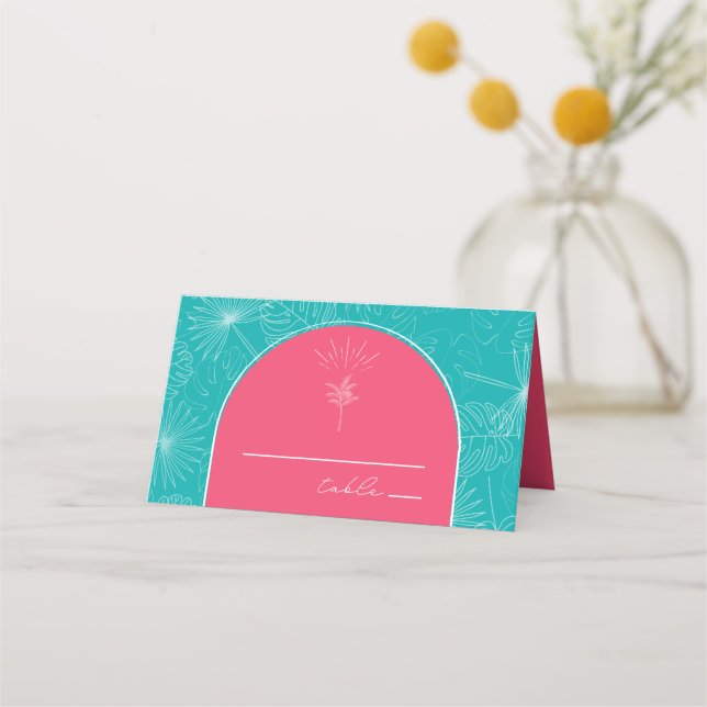 Palm Tree Pink & Green Blue Wedding   Place Card (Front)