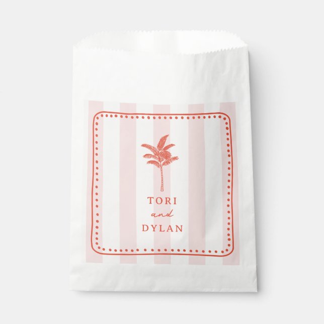 Palm Tree Pink Striped Tropical Beach Wedding Favour Bags (Front)