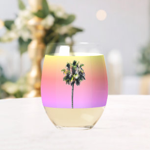 Palm Tree Pink Yellow Purple Drinkware Set Stemless Wine Glass