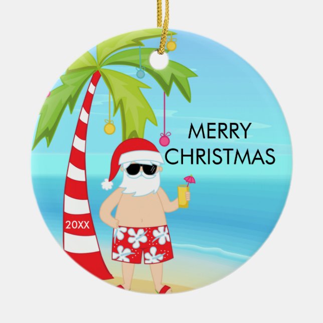 Palm Tree Relaxing Santa Tropical Christmas Ceramic Tree Decoration (Front)