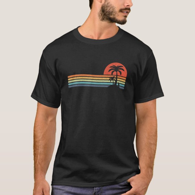 Palm Tree Retro Style Tropical Beach Island Stripe T-Shirt (Front)