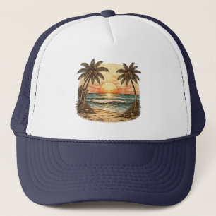 Palm Tree - Retro Style Tropical Beach Sun Summer  Trucker Hat