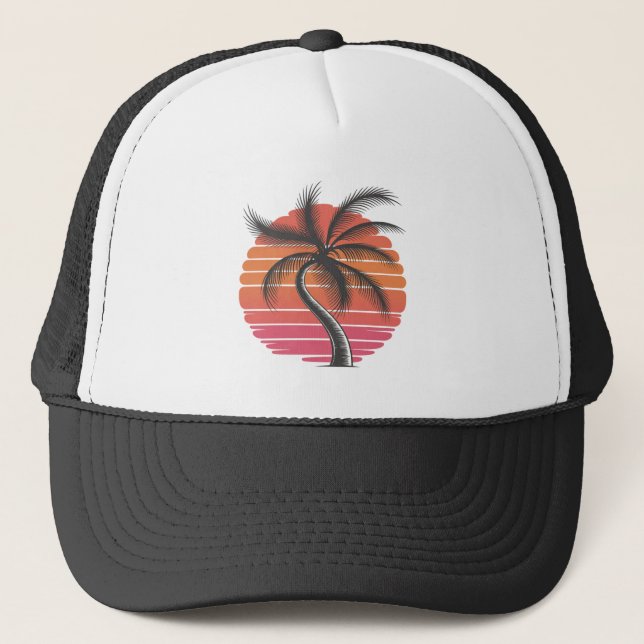 Palm Tree - Retro Style Tropical Beach sunset      Trucker Hat (Front)