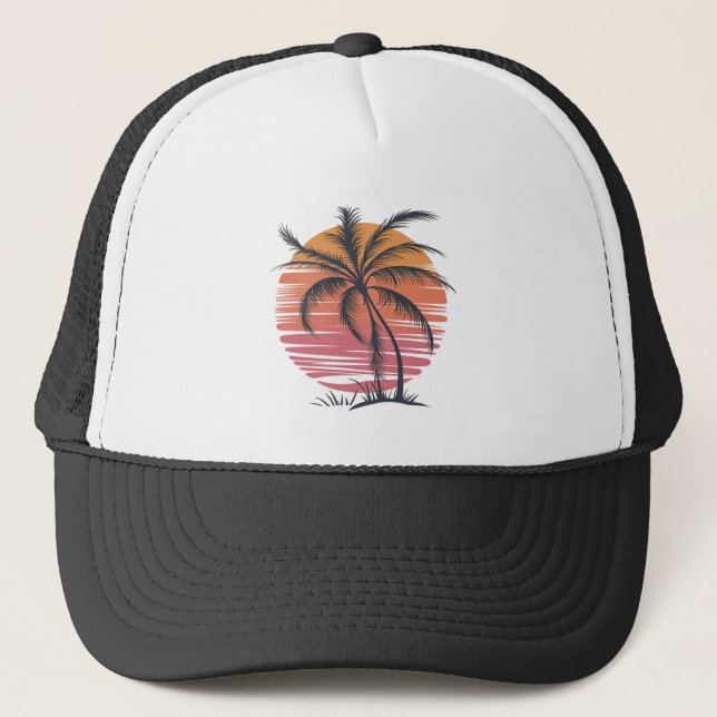 Palm Tree - Retro Style Tropical Beach sunset      Trucker Hat (Front)