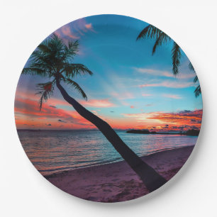 Palm Tree Sandy Beach Tropical Paradise Island Paper Plate
