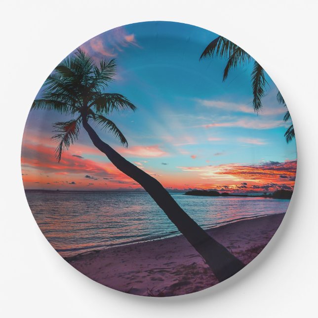 Palm Tree Sandy Beach Tropical Paradise Island Paper Plate (Front)