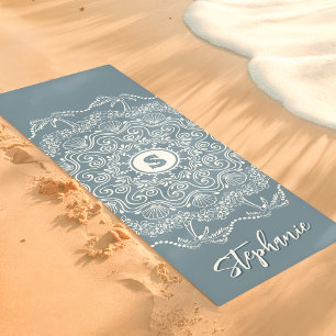 Palm Tree Seashell Mandala Monogram Blue Beachy Yoga Mat