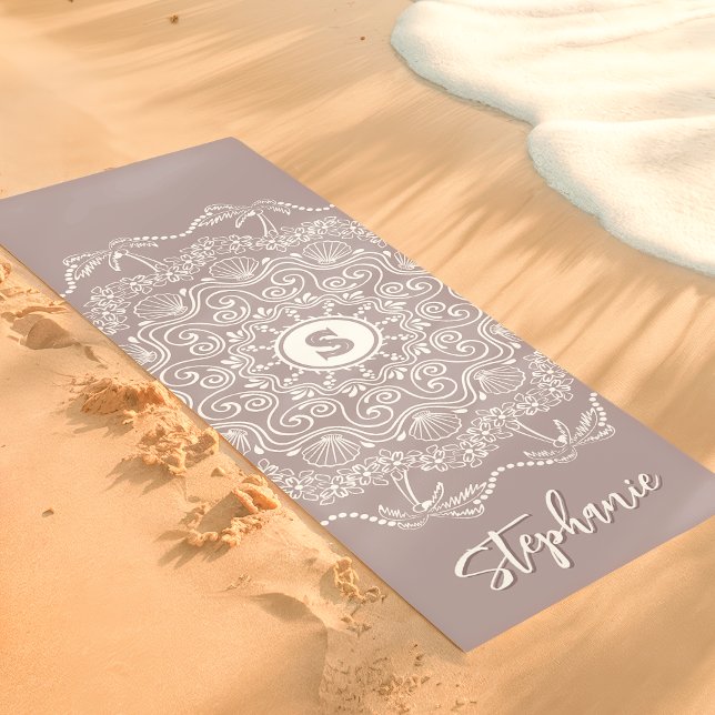 Palm Tree Seashell Mandala Monogram Lavender Beach Yoga Mat (Creator Uploaded)