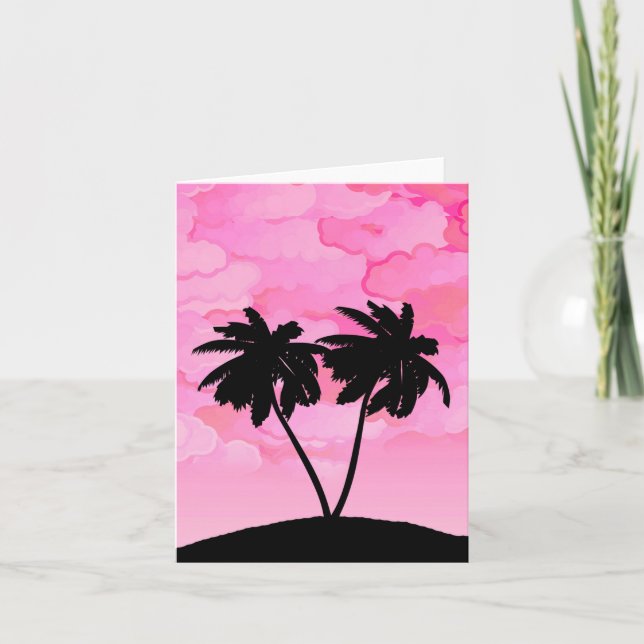 Palm Tree Silhouette Against Dawn Pink with Clouds Card (Front)