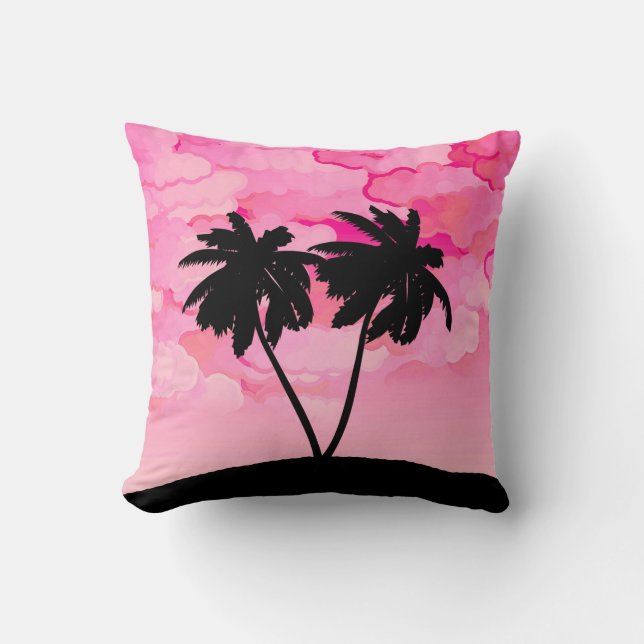 Palm Tree Silhouette Against Dawn Pink with Clouds Cushion (Front)