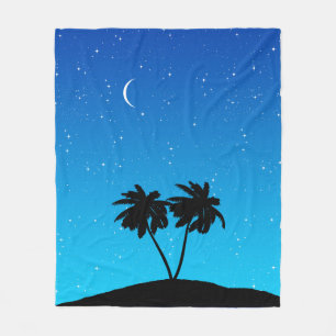 Palm Tree Silhouette Against Evening Blue Fleece Blanket
