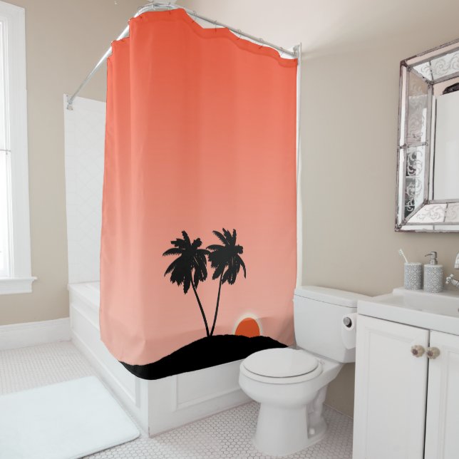 Palm Tree Silhouette Against Sunset Orange Shower Curtain (In Situ)