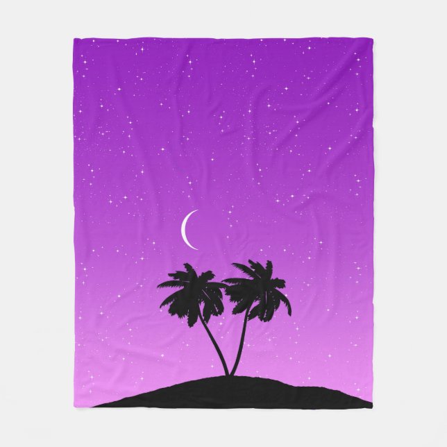 Palm Tree Silhouette Against Twilight Purple Fleece Blanket (Front)