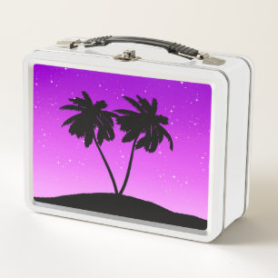 Palm Tree Silhouette Against Twilight Purple Meta Metal Lunch Box