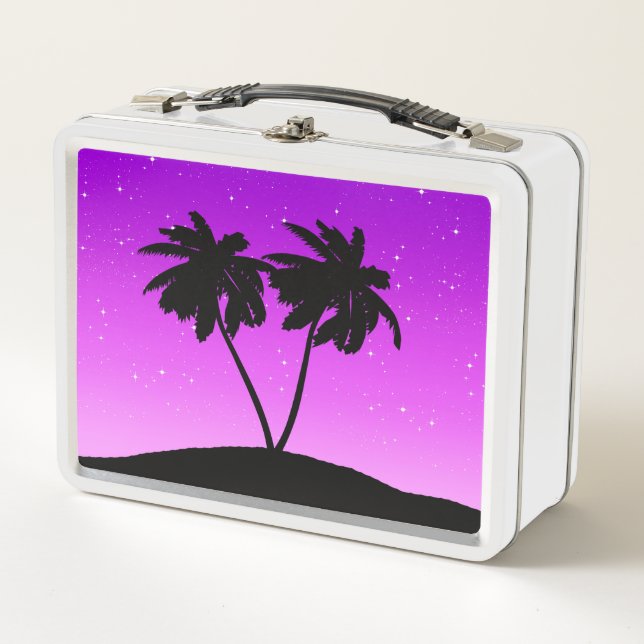 Palm Tree Silhouette Against Twilight Purple  Meta Metal Lunch Box (Front)