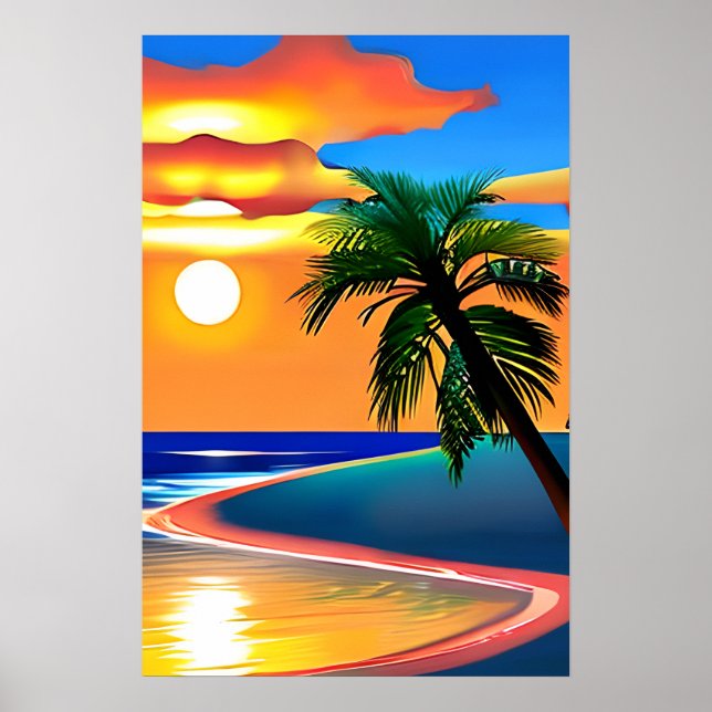 Palm Tree Silhouette and Colourful Sunset Poster (Front)