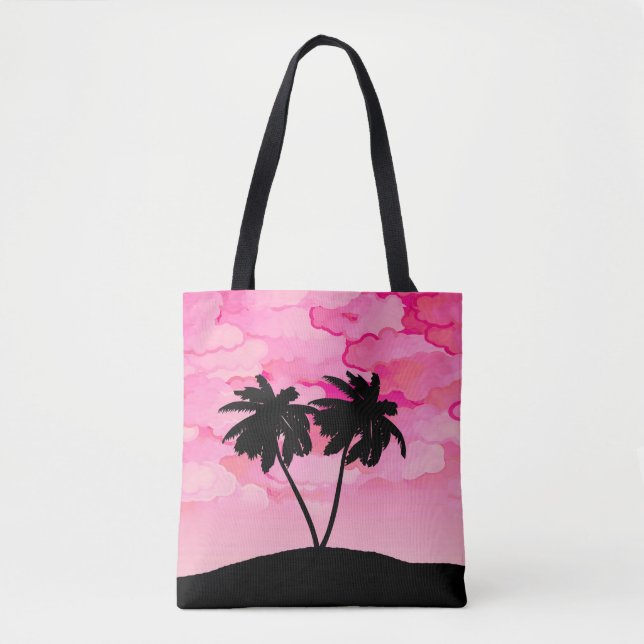 Palm Tree Silhouette, Dawn Pink with Clouds Tote Bag (Front)