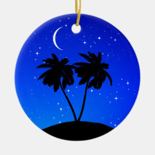 Palm Tree Silhouette, Evening Blue with Stars Ceramic Tree Decoration