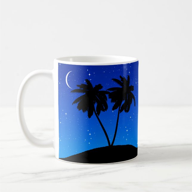 Palm Tree Silhouette, Evening Blue with Stars Coffee Mug (Left)