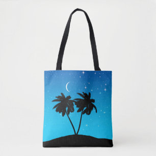 Palm Tree Silhouette, Evening Blue with Stars Tote Bag