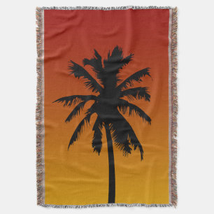 Palm Tree Silhouette In Orange Sunset Tropical Throw Blanket