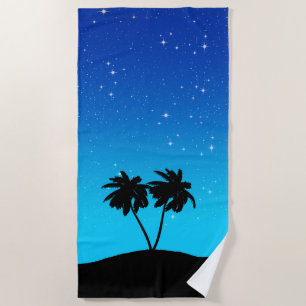Palm Tree Silhouette on Evening Blue with Stars Beach Towel