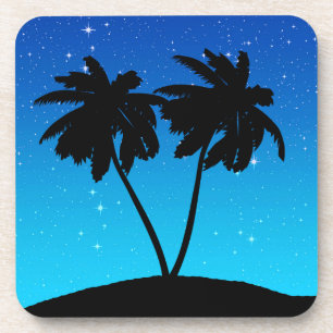 Palm Tree Silhouette on Evening Blue with Stars Coaster
