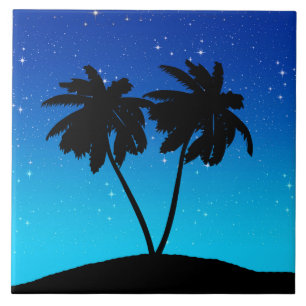Palm Tree Silhouette on Evening Blue with Stars Tile