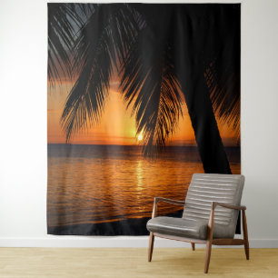 Palm Tree Silhouette Orange Tropical Sunset Backdr Tapestry