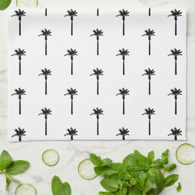 Palm Tree Silhouette Pattern Coastal Travel Chic Tea Towel (Folded)
