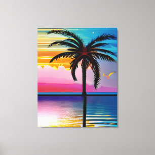 Palm Tree Silhouette, Seagull and Colourful Sunset Canvas Print