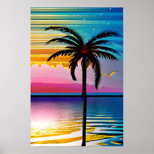 Palm Tree Silhouette, Seagull and Colourful Sunset Poster